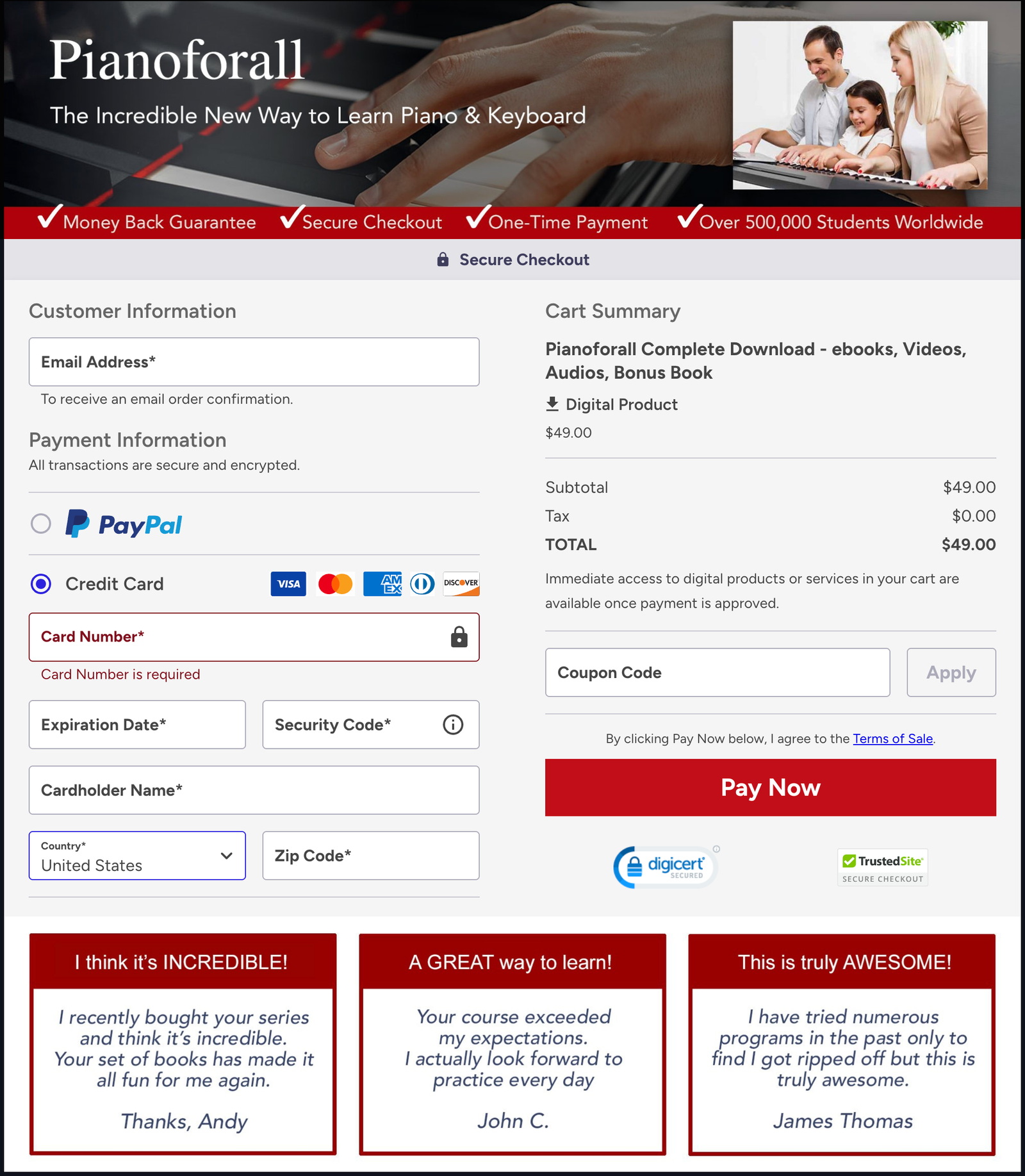 Pianoforall Secure Checkout Page